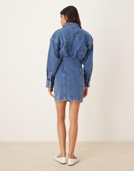 Wrangler - Geruite denim jurk in middenblauw, 3 van 4