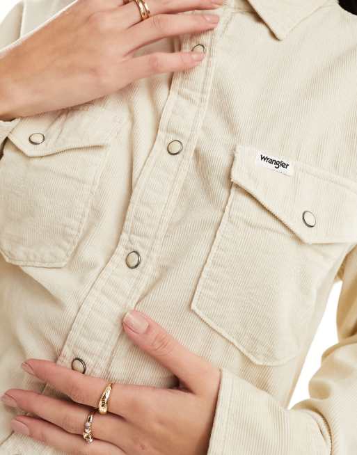 Wrangler - Giacca squadrata color panna in tessuto a coste, 2 di 4