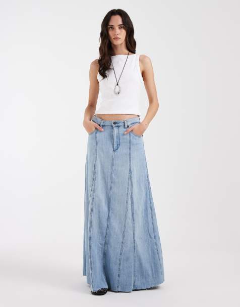 Wrangler - Gonna lunga a pieghe in denim lavaggio azzurro - view 1