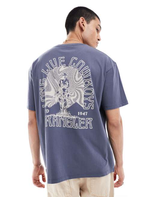 Wrangler - Grå T-shirt i oversized og vintage fit med Cowboy-logoprint bagpå