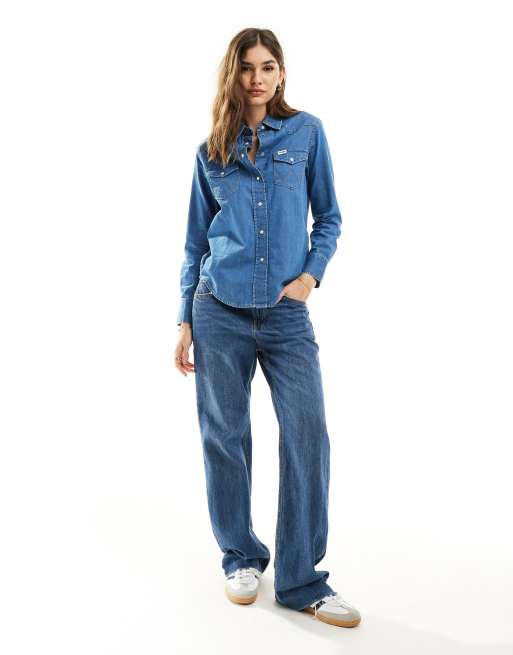 Wrangler Heritage Camicia in denim lavaggio medio stile western ASOS