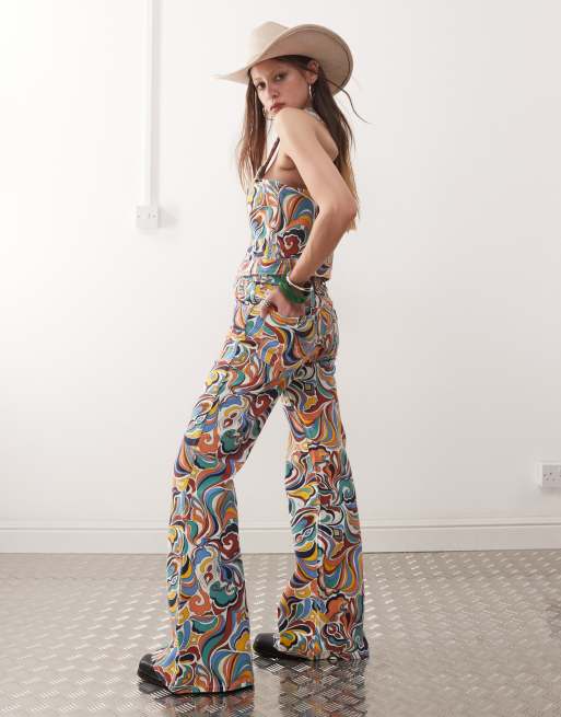 Wrangler high rise flared jeans in all over bright 70s print (part of a set), 2 of 5