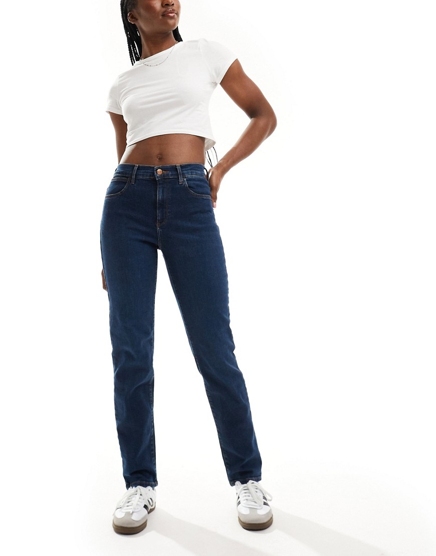 Shop Wrangler High Rise Straight Leg Jeans In Mid Wash Blue