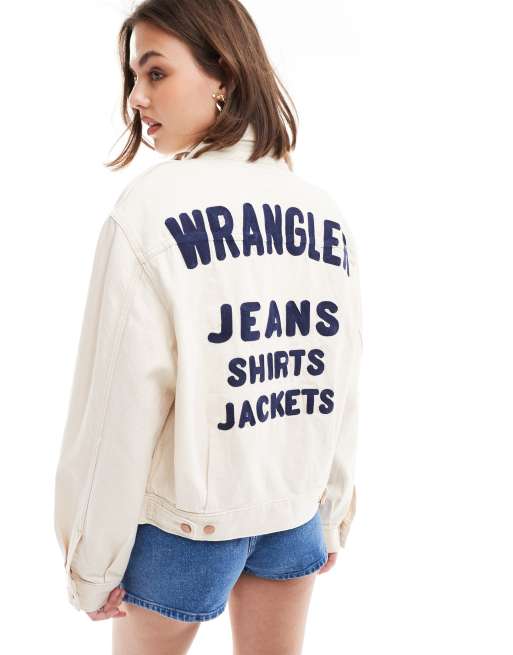 Wrangler - Hvid denimjakke med western-logobroderi på ryggen