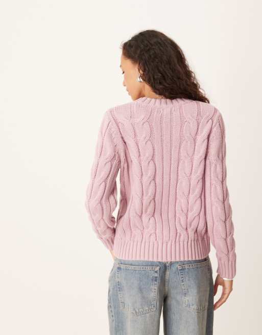 Wrangler – Jasnoróżowy sweter z dzianiny o warkoczowym splocie, 4 z 4