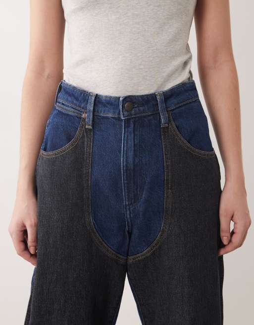 Wrangler - Jeans bombati con toppe lavaggio nero e blu medio, 4 di 5
