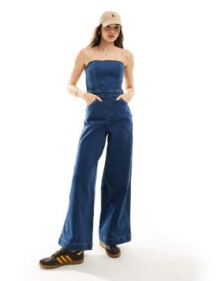 Wrangler - Jeans-Jumpsuit in dunkler Waschung mit Korsettoberteil-Marineblau