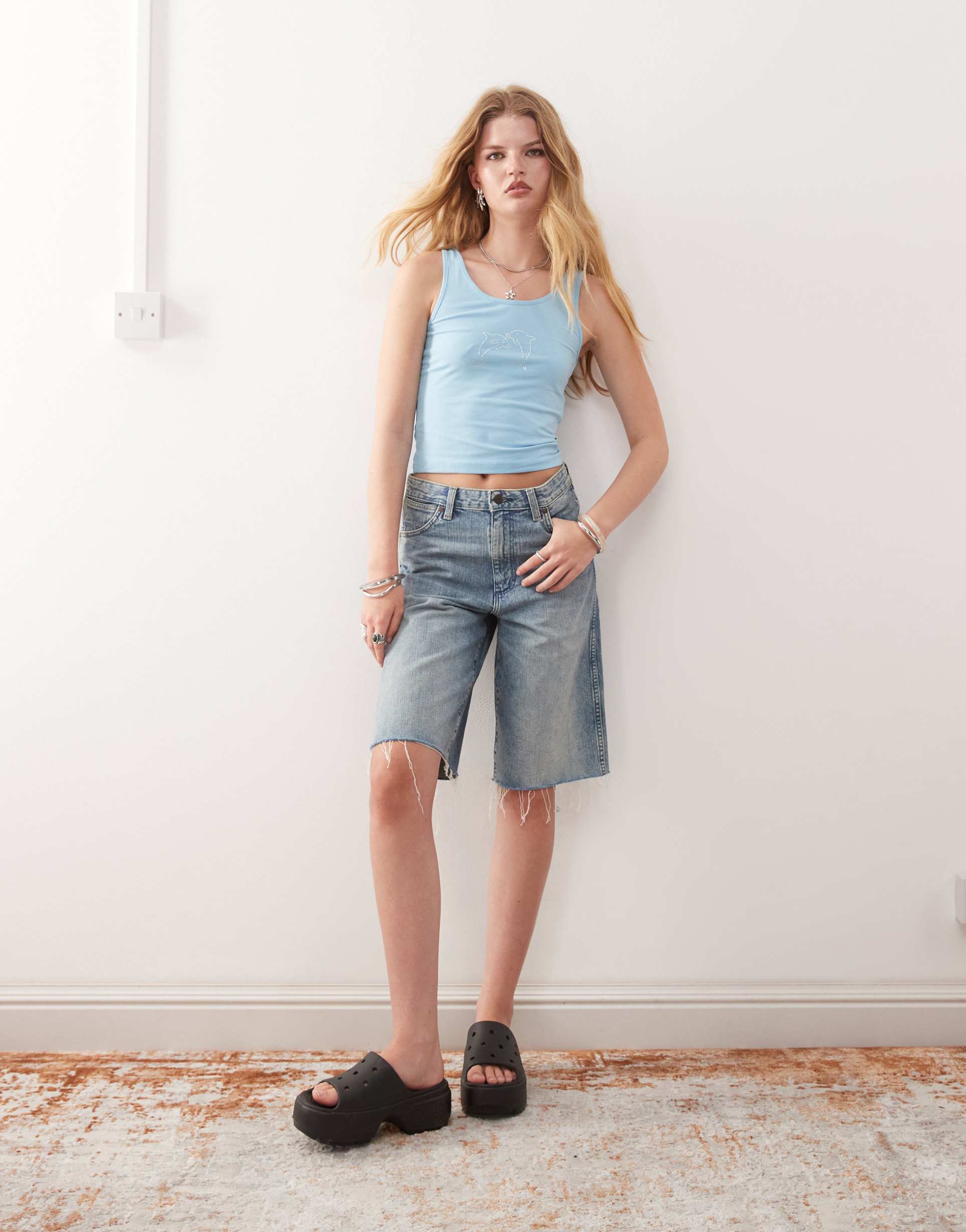 wrangler jorts in light wash blue