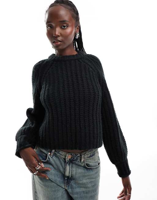 Wrangler knitted jumper with balloon sleeves in black ASOS