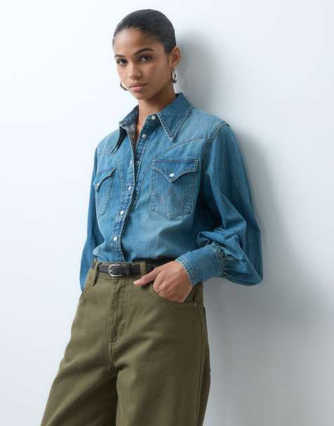 Wrangler koszula jeansowa western z bufiastymi rękawami w średnim odcieniu niebieskiego - view 1