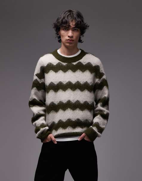 Wrangler wavey stripe brushed knit jumper in cream/green