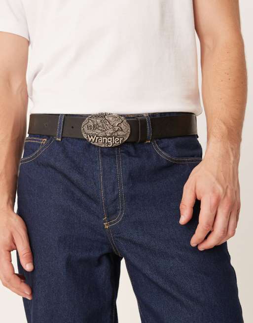 Wrangler leather belt with eagle logo buckle in black