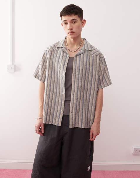 Wrangler resort stripe linen cotton mix relaxed dobby shirt in indigo blue