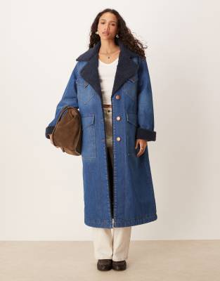 Wrangler longline denim trench coat with borg lining in darkwash blue-Navy