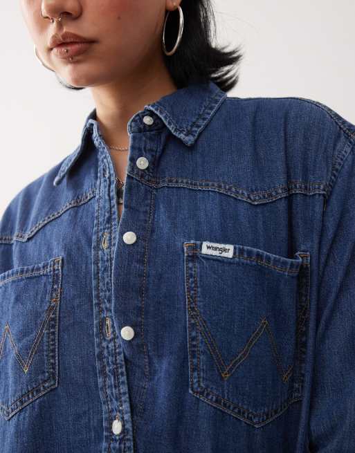 Wrangler - Losvallend denim overhemd in donkerblauw, 3 van 4