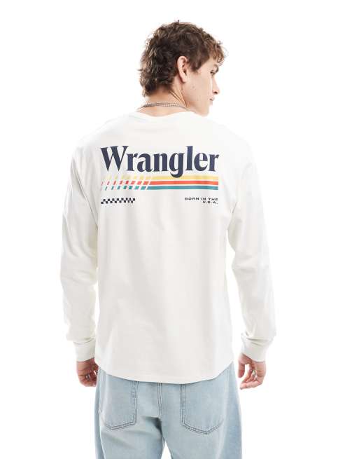 Wrangler - Maglietta a maniche lunghe taglio comodo bianco sporco con stampa del logo sul retro