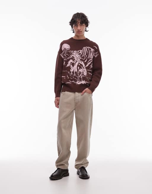 Wrangler - Mahognibrun trøje med cowboy-motiv i kraftig strik, 5 af 5