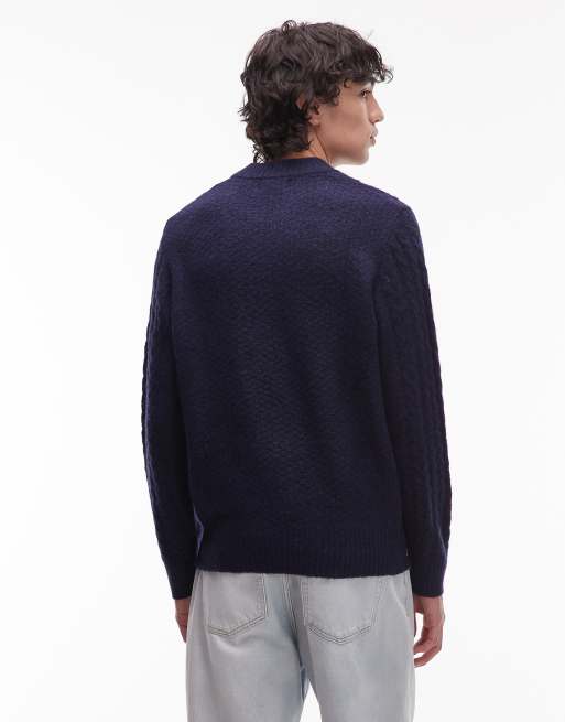 Wrangler – Marinblå, flätstickad tröja, 3 av 5