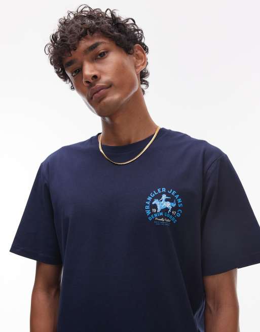 Wrangler - Marineblå T-shirt med cowboy-logo på brystet, 3 af 4
