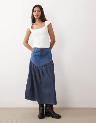 Maxi-Jeansrock in mittelblauer Waschung mit miederförmiger Taille Blau XS