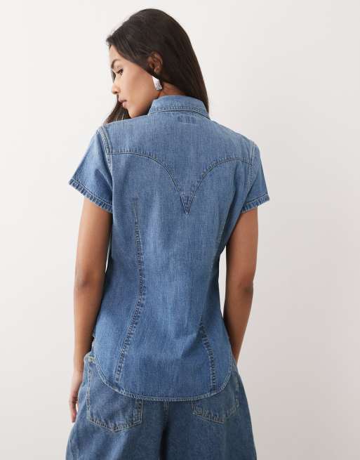Wrangler – Mellanblå jeansskjorta i cowboystil med knäppning, 4 av 4