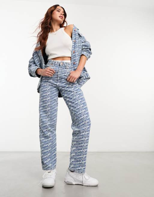 Wrangler mom straight fit jeans with embroidered repeat logo in blue (part of a set)