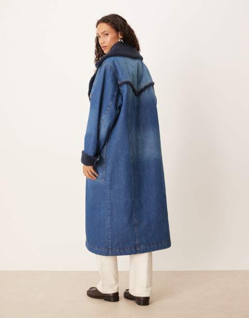 Wrangler – Mörkblå, tvättad trenchcoat i denim med teddyfoder, 4 av 4