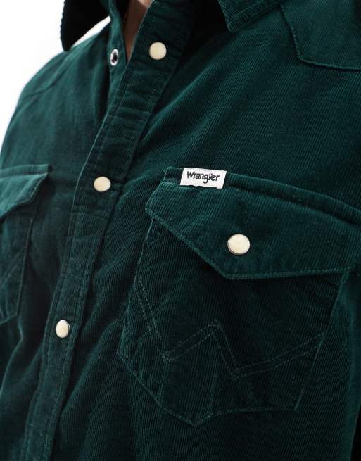 Wrangler – Mörkgrön manchesterskjorta i cowboystil med 1 ficka, 2 av 4
