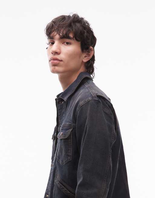 Wrangler - Mørkeblå forvasket cowboy-jakke i denim med 4 lommer, 4 af 5