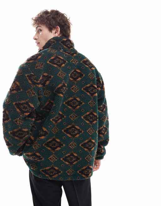 Wrangler - Mørkegrøn sherpajakke med diamantprint i imiteret lammeskind, 4 af 4