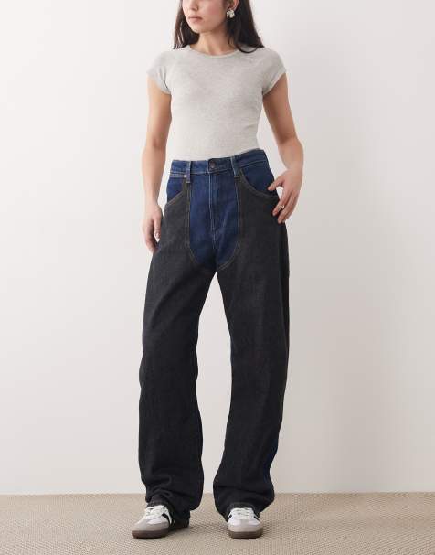 Wrangler patched barrel jeans in black and medium blue wash - view 1