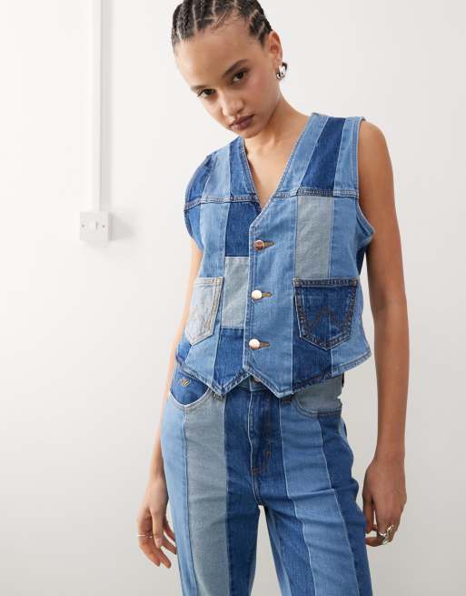 Wrangler patchwork denim waistcoat in blue (part of a set)