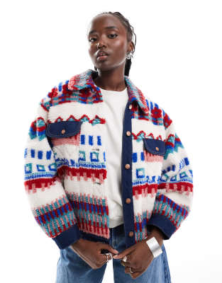 [Wrangler] Wrangler pattern borg trucker jacket in multi S Multi