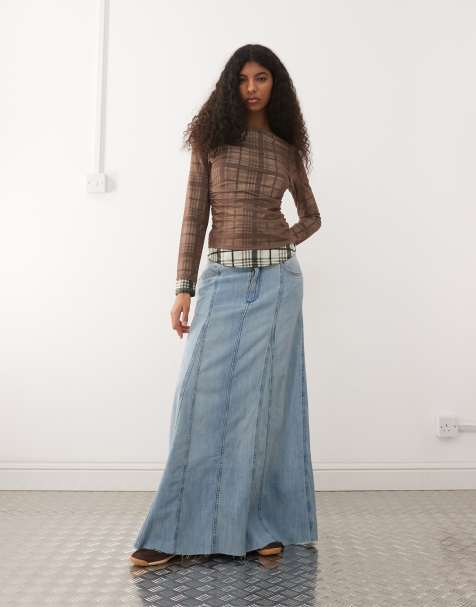 Wrangler pleated maxi skirt in denim light blue wash