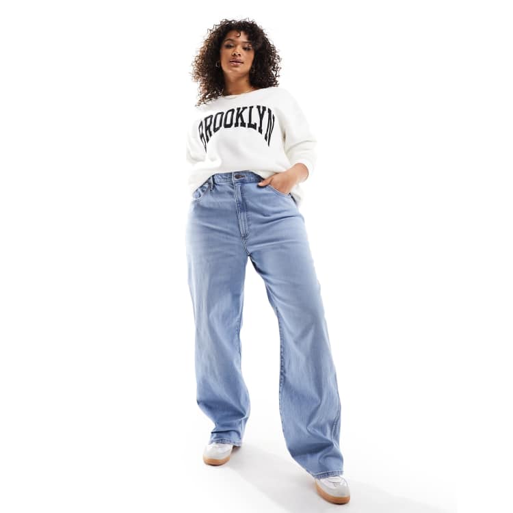 Mid Wash Ruched Waistband Baggy Mom Jeans