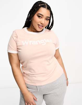 Wrangler Plus ringer tee with logo in peach melba-Orange