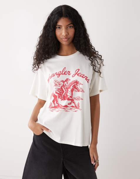 Wrangler - Råhvid girlfriend-T-shirt med rødt print - view 1