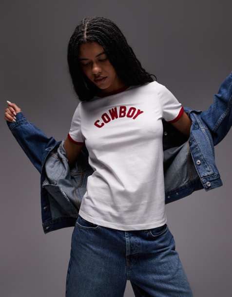 Wrangler – Ringer-T-Shirt in Weiß mit „Cowboy"-Schriftzug - view 1