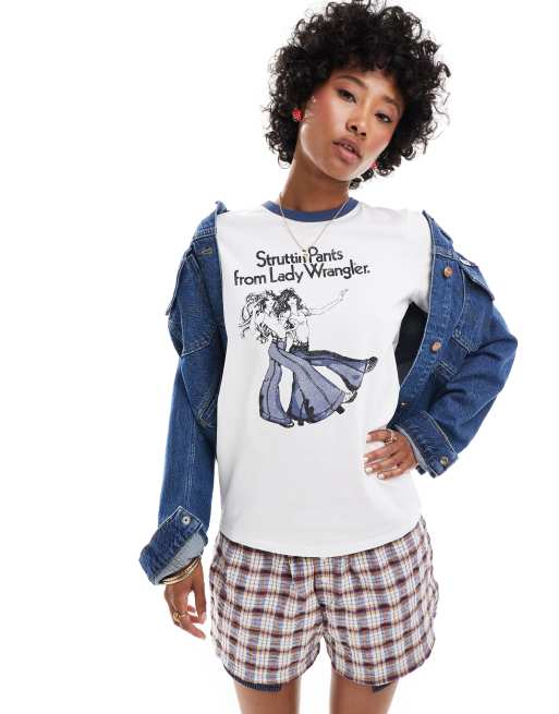 Wrangler – Ringer-T-Shirt in Weiß mit Western-Grafikprint