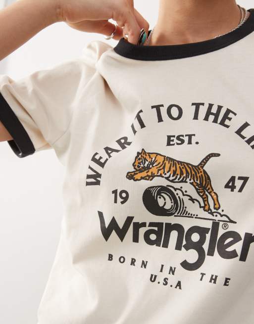 Wrangler ringer t-shirt with chest print in vintage white, 3 of 4