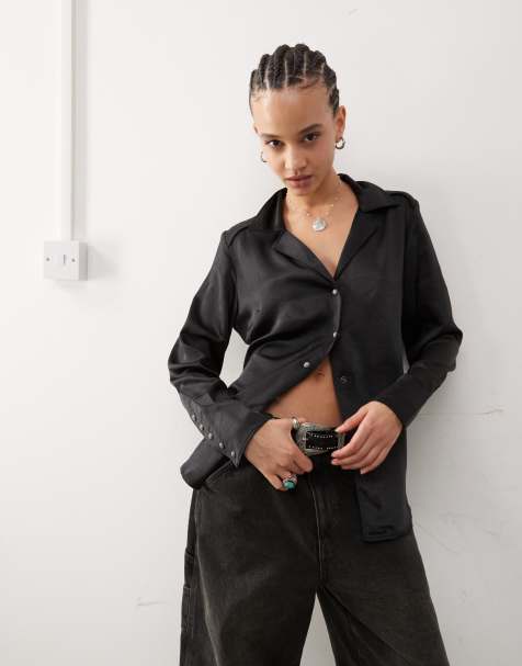 Wrangler satin shirt revere collar in black - view 1