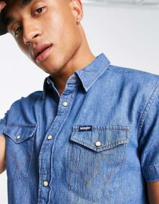 mens wrangler short sleeve denim shirt