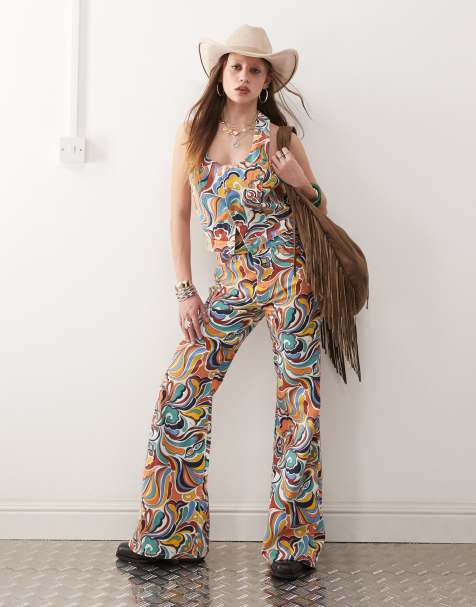 Wrangler - Sæt med croptop og jeans med svaj og 70'er-print i denim - view 1