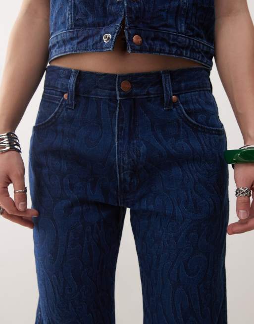 Wrangler - Sunset - Mom jeans blu scuro con stampa in coordinato, 3 di 5