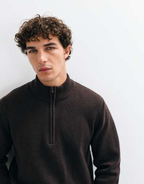 Wrangler sweatshirt i ullmix med kvartslång dragkedja, brun - view 1