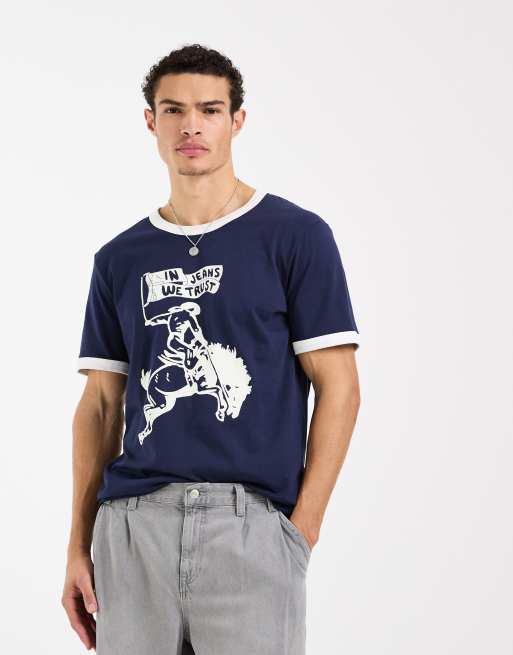 Wrangler - T-shirt color blu navy con bordi a contrasto