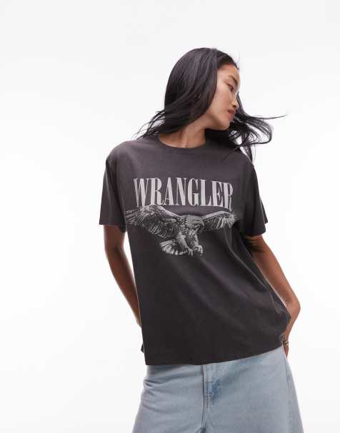 Wrangler - T-shirt coupe girlfriend à imprimé sur la poitrine - Noir délavé - view 1
