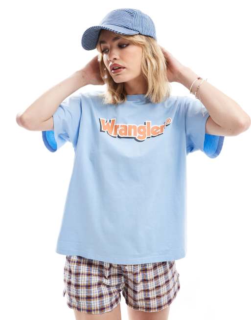 Wrangler - T-shirt girlfriend blu pallido con logo