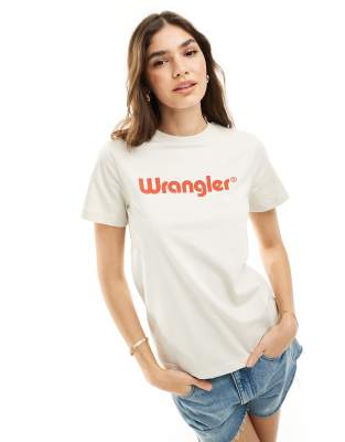 Wrangler - T-Shirt in Creme mit Logo vorne-Weiß