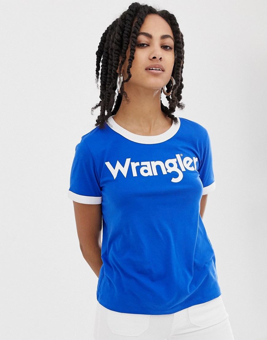 Wrangler – T-shirt med kontrasterande kanter och logga fram-Blå